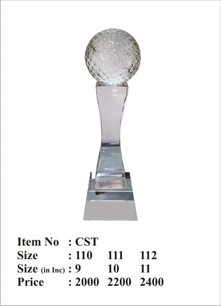 Clear crystal trophy with a golf ball design; perfect for sports awards.