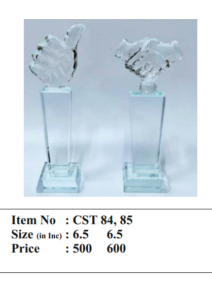 Crystal Handshake and Thumbs-Up Trophy.