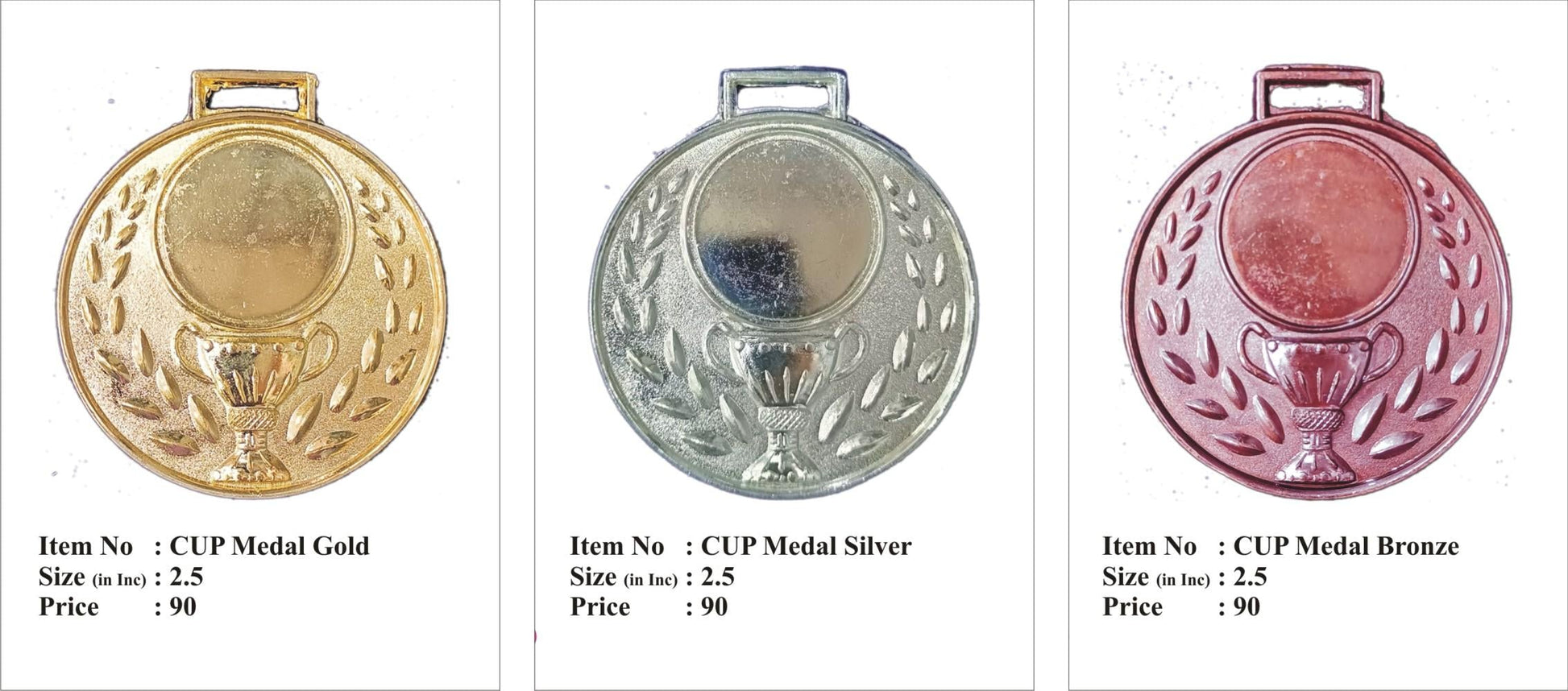 Gold silver bronze athletic medal with trophy design; perfect for awards ceremonies.