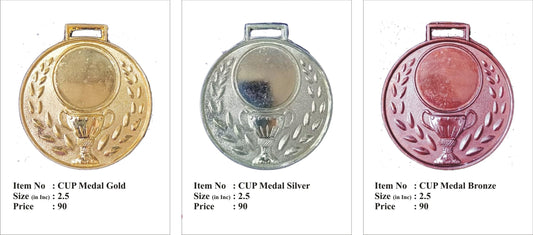 Gold silver bronze athletic medal with trophy design; perfect for awards ceremonies.