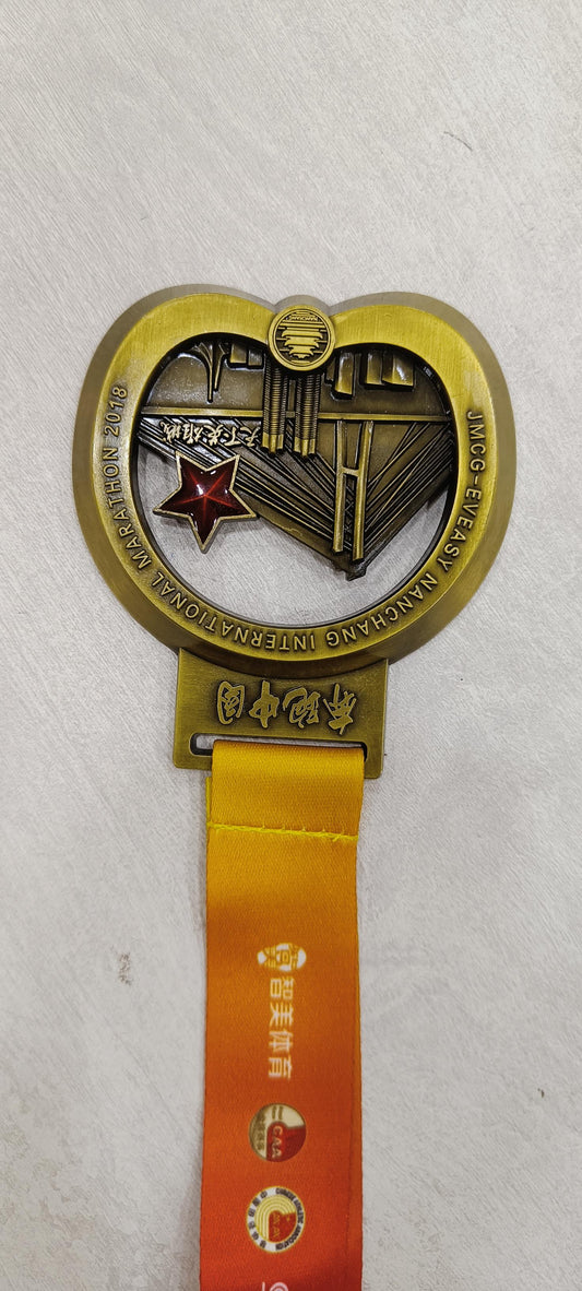 Bronze custom marathon medal with lanyard; perfect for awards and recognition.