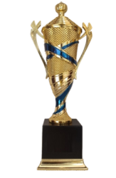 Gold and blue fibre trophy design; perfect for awards ceremonies.