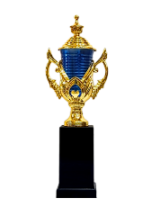 Blue and gold fiber trophy for corporate and sports recognition.