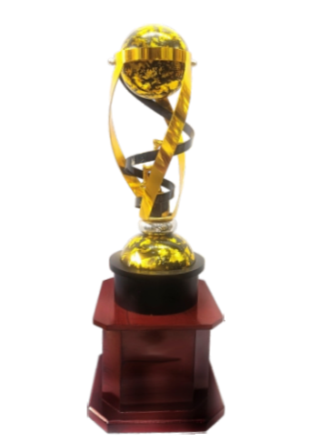 Gold globe trophy with swirling ribbons on a maroon base; a symbol of achievement.