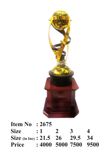 Decorative trophy with a gold sphere on a red base, labeled with item number, size, and price.