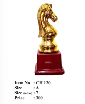 Gold chess knight award trophy on maroon base; a unique acrylic trophy design.