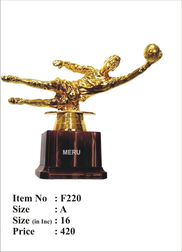 Gold football trophy depicting a goalkeeper save; ideal for sports awards and recognition. Fiber trophies.