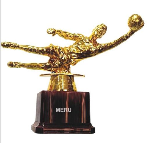 Gold football trophy depicting a goalkeeper save; ideal for sports awards and recognition. Fiber trophies.