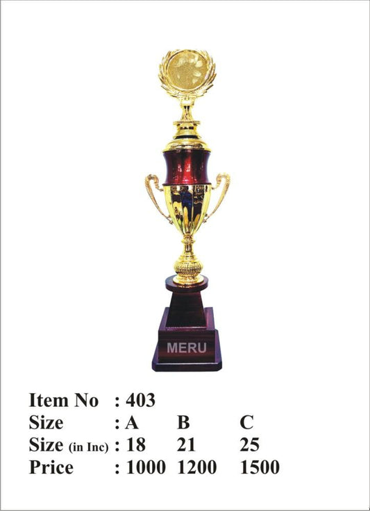 Image of a gold and maroon cup trophy; showcasing a classic design.