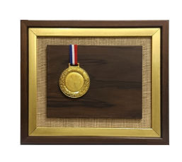 Image of a gold medal mounted on a dark brown wooden plaque; symbolizing achievement and recognition.