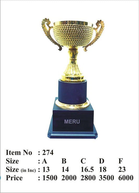 Gold metal trophy with a spherical cup; ideal for sports awards and corporate recognition.
