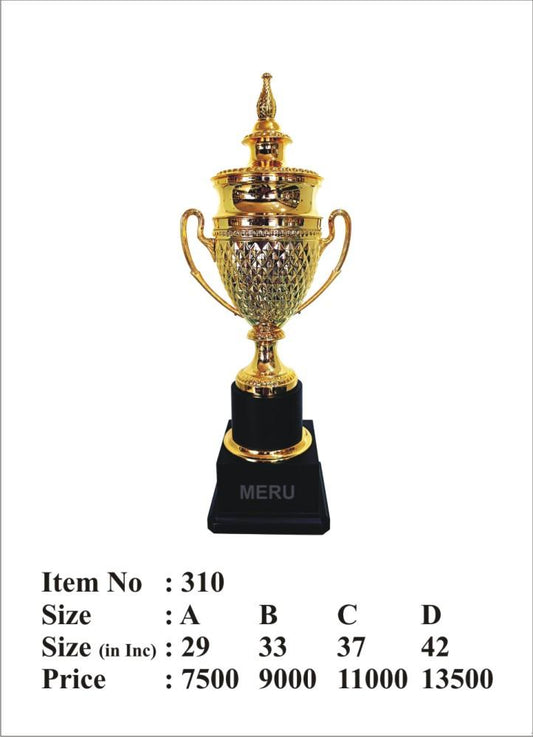 Gold metal trophy with textured cup; ideal for sports awards and corporate recognition.