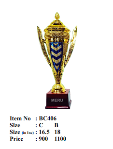 Decorative trophy with gold and blue design on a red base, featuring item number BC406.
Gold metal sports trophy with ornate handles.