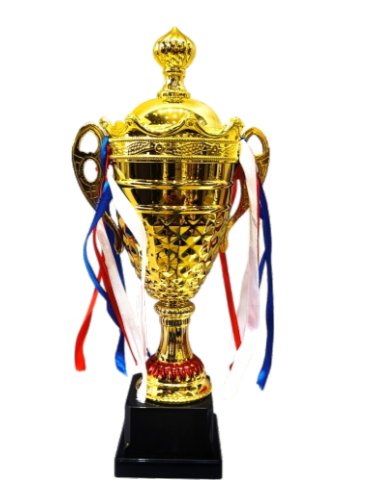 Ornate gold trophy cup with patriotic ribbons.