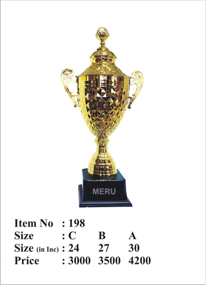 Golden metal trophy cup; ideal for sports awards and corporate recognition.