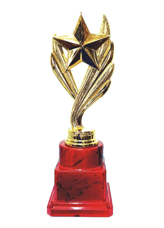 Gold Star Trophy on red marble base - perfect for recognizing achievements and celebrating success. Fiber trophies.