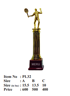 Gold tennis player trophy; a beautiful fiber trophy for awards and recognition.