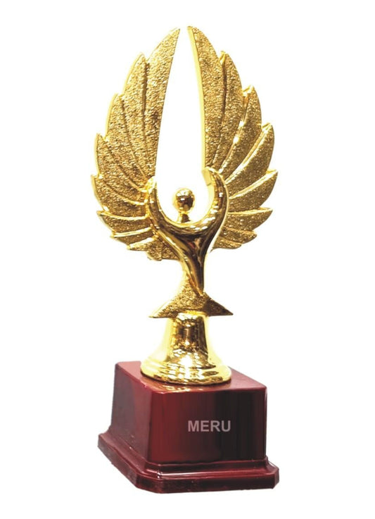 Gold winged victory trophy; a beautiful fiber trophy symbolizing achievement and success.