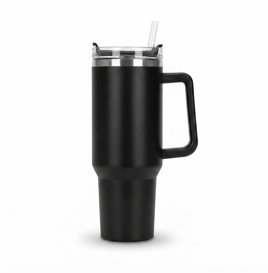 Large Travel Mug with Handle and Straw Lid - Black - Meru Trophy corporate gifting
