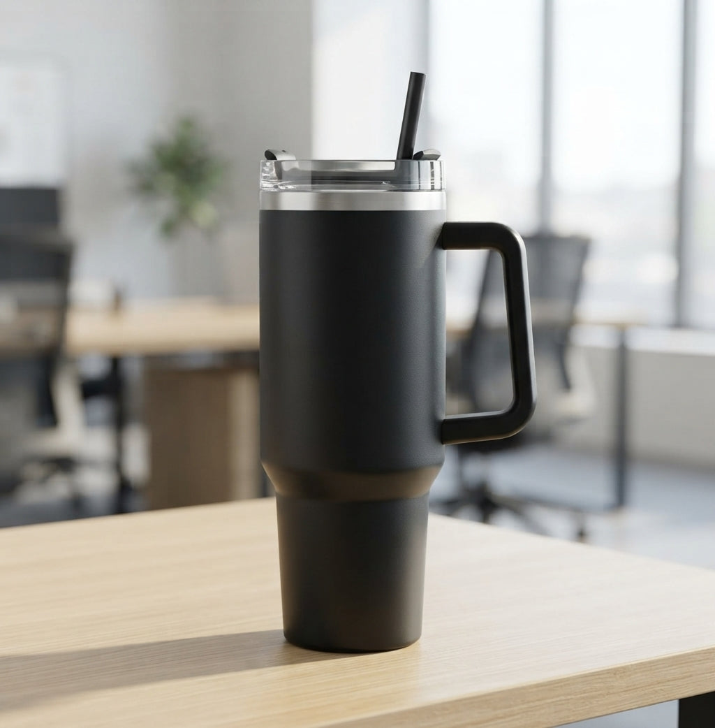 Large Travel Mug with Handle and Straw Lid - lifestyle - Meru Trophy corporate gifting