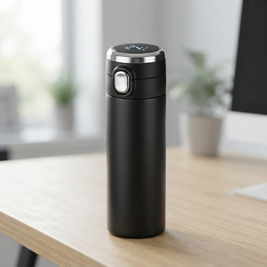 Temperature Display Flip-Lock Smart Flask - lifestyle desk shot - Meru Trophy corporate gifting