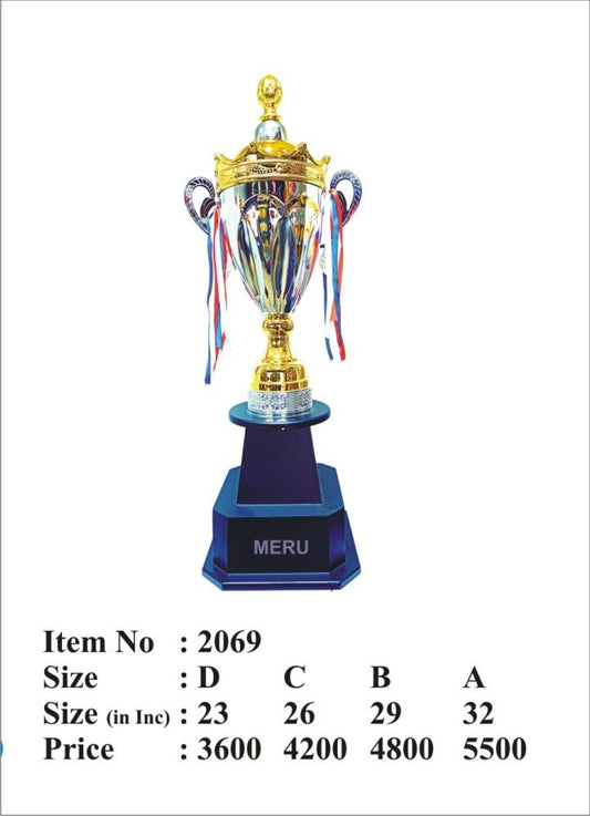 Silver and gold metal trophy; ideal for sports awards and recognition events.