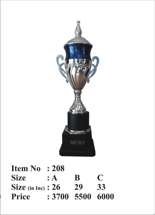 Silver and blue metal trophy award; perfect for sports awards and recognition.