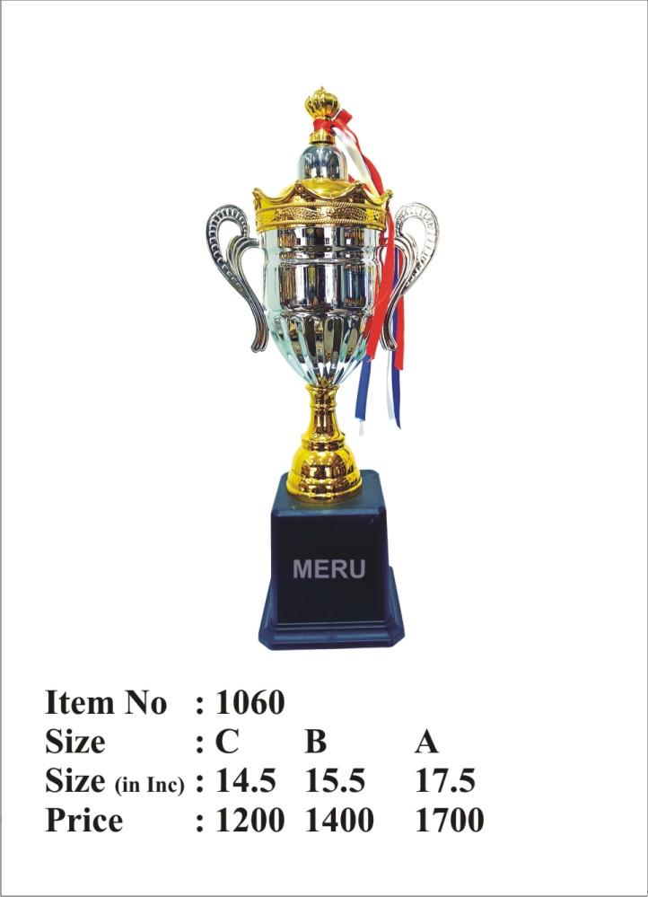 Elegant metal trophy with gold base and vibrant ribbons.