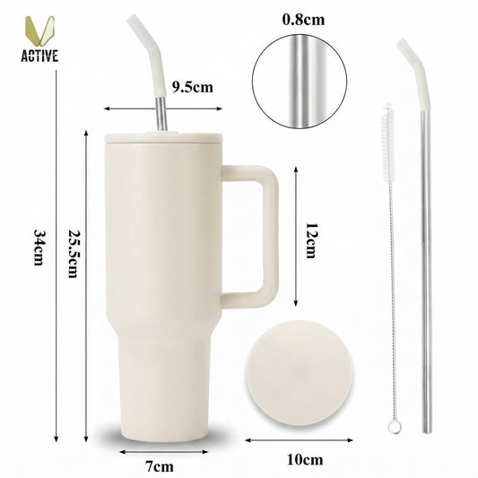 Large Vacuum Tumbler with Handle and Straw - Cream - Meru Trophy corporate gifting