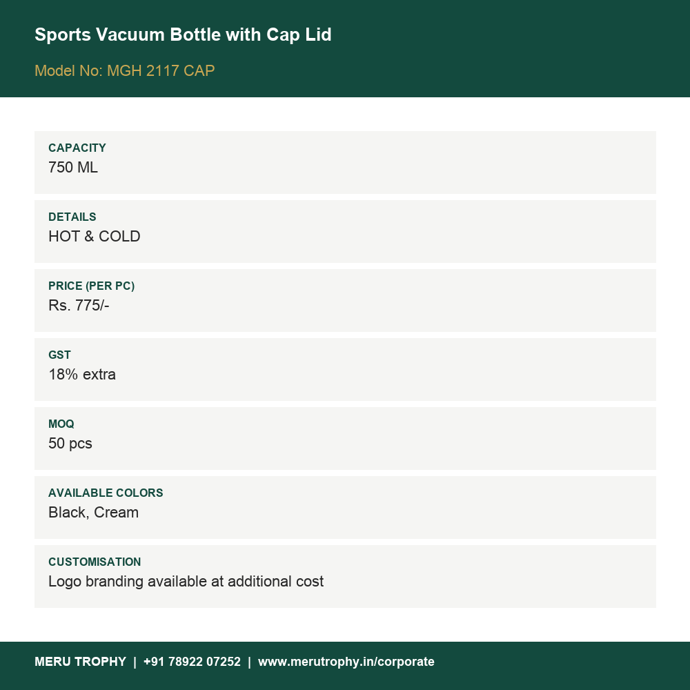 Sports Vacuum Bottle with Cap Lid - product details card - Meru Trophy corporate gifting