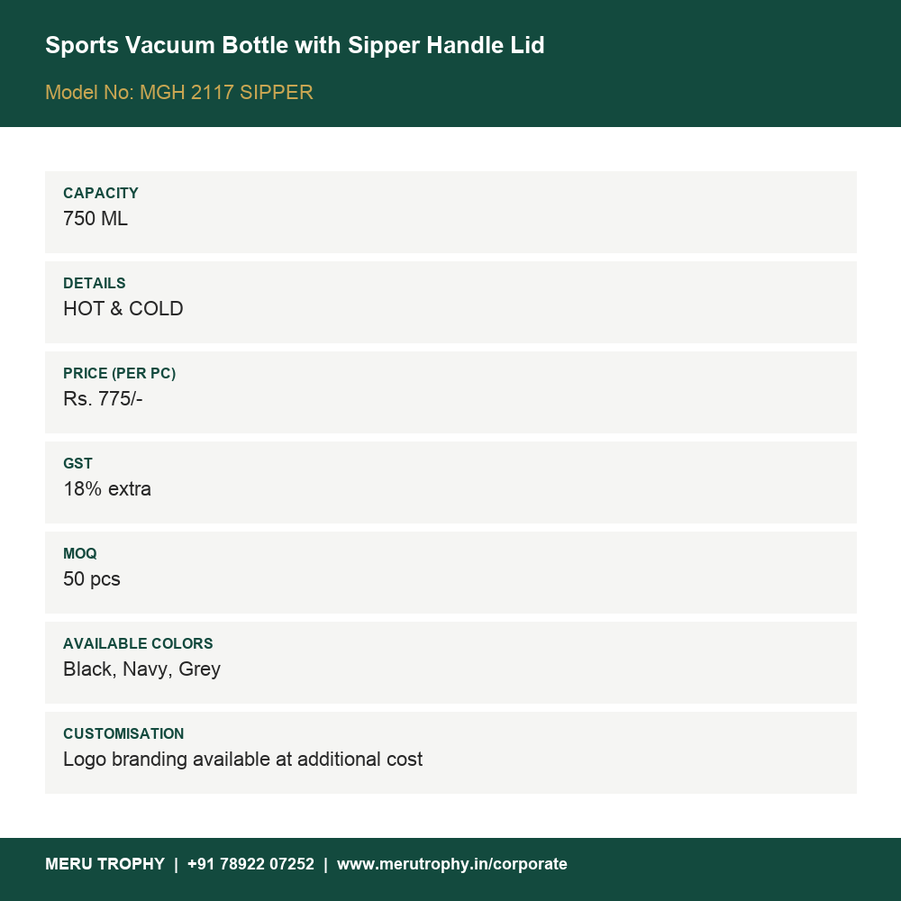 Sports Vacuum Bottle with Sipper Handle Lid - product details card - Meru Trophy corporate gifting
