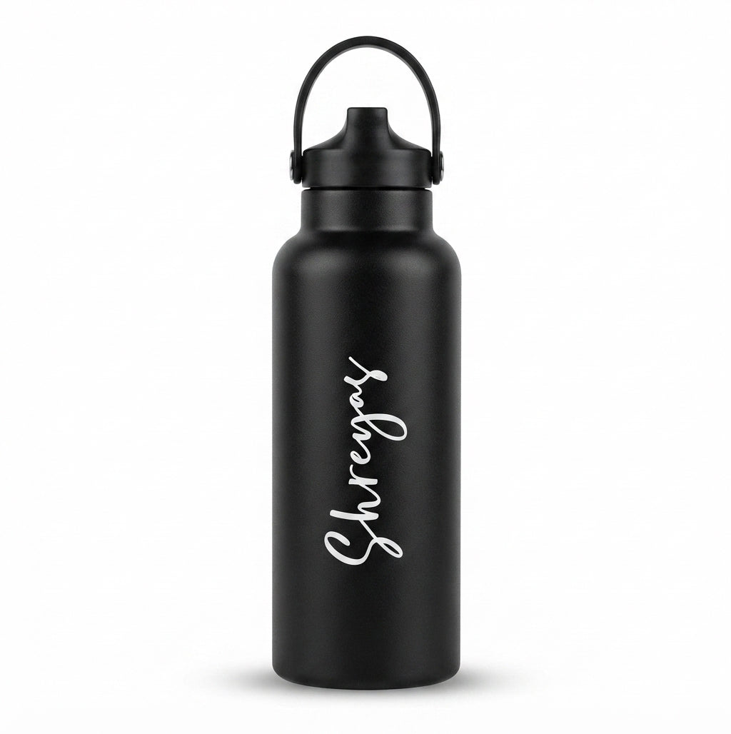 Sports Vacuum Bottle with Sipper Handle Lid - Black - Meru Trophy corporate gifting