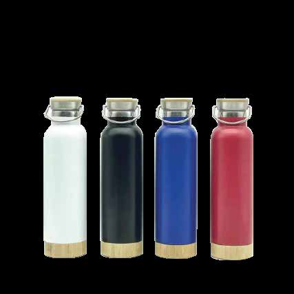 Bamboo base vacuum flask 650 ml in white, black, blue and red - corporate gifting by Meru Trophy