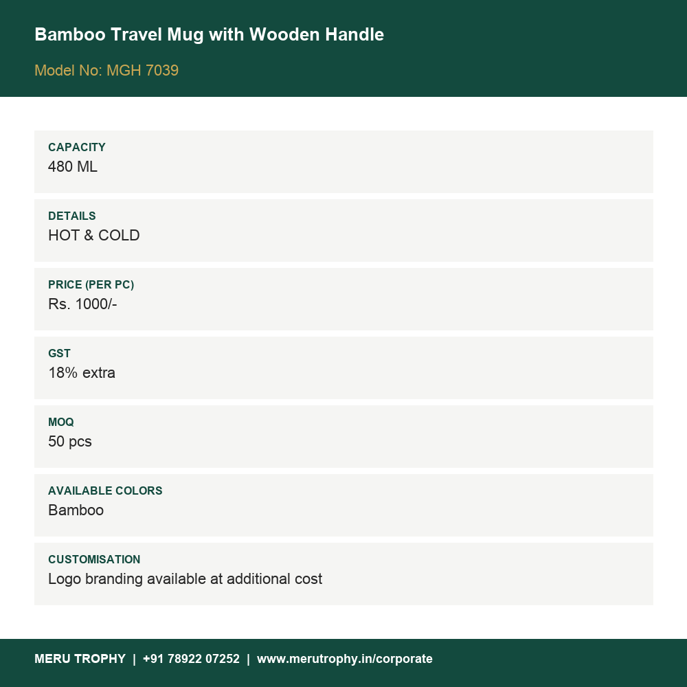 Bamboo Travel Mug with Wooden Handle - spec card - Meru Trophy corporate gifting