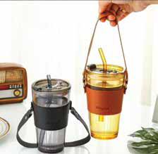 Amber glass tumbler with carry sleeve and straw 500 ml corporate gift - Meru Trophy Bangalore