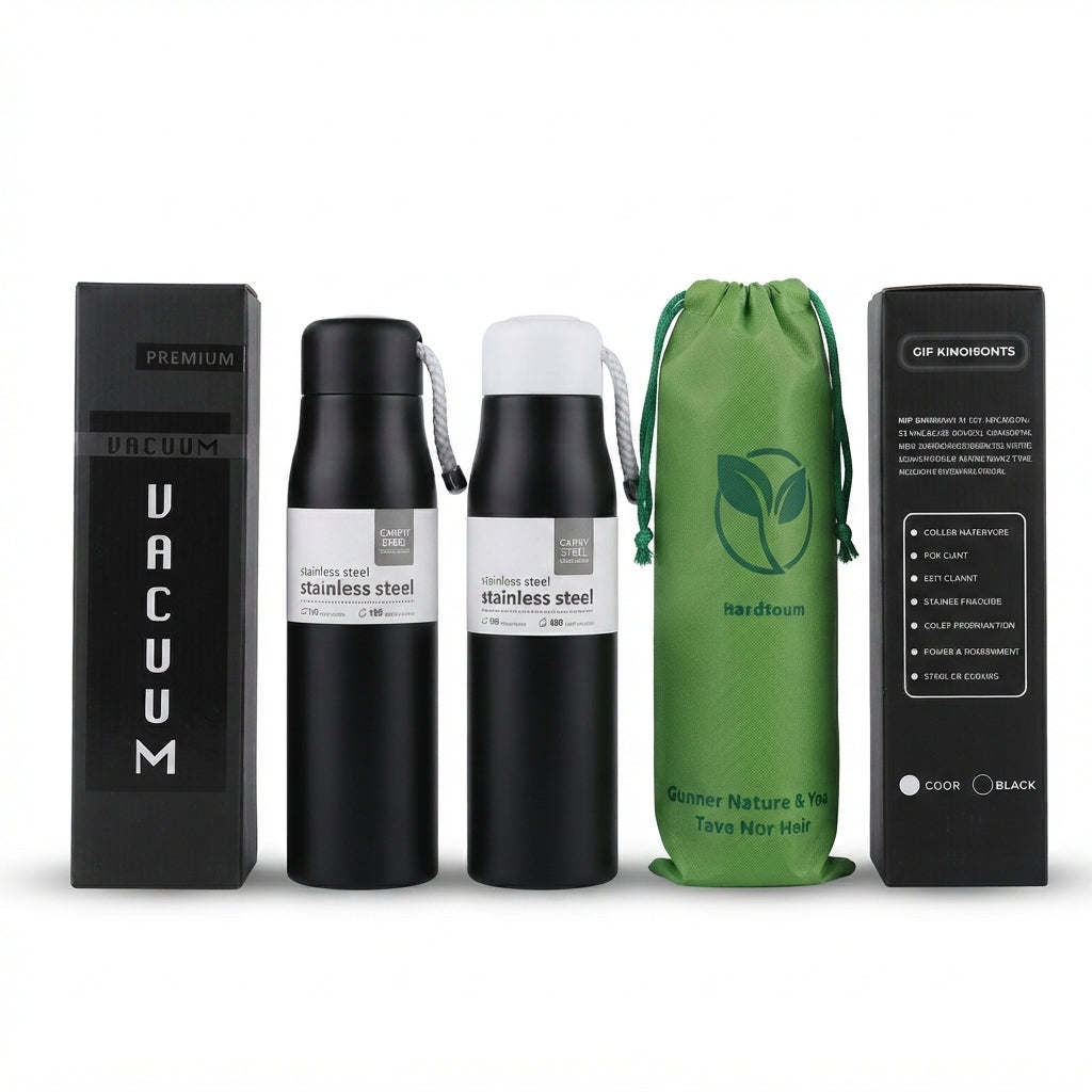 Vacuum Flask with Gift Box and Pouch - Black - Meru Trophy corporate gifting