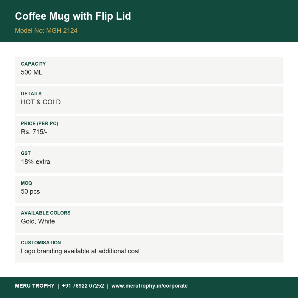 Coffee Mug with Flip Lid - product detail card - Meru Trophy corporate gifting