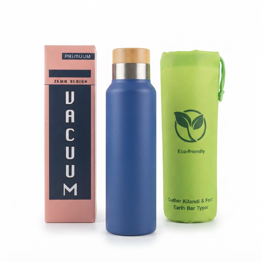 Wooden Lid Vacuum Bottle with Gift Box and Pouch - Blue - Meru Trophy corporate gifting