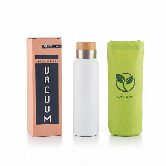 Wooden Lid Vacuum Bottle with Gift Box and Pouch - White - Meru Trophy corporate gifting
