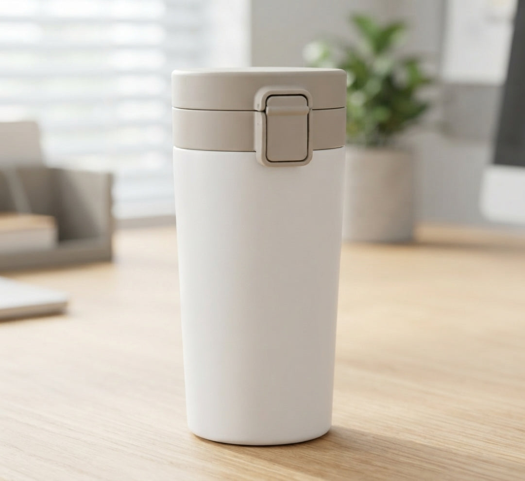 Flip-Lid Travel Tumbler - lifestyle shot - Meru Trophy corporate gifting