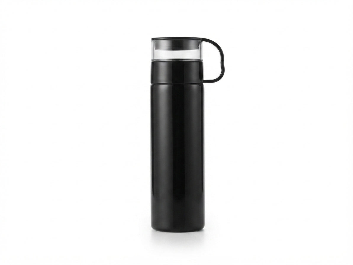 Pastel Vacuum Flask with Cup Handle Lid - Black - Meru Trophy corporate gifting