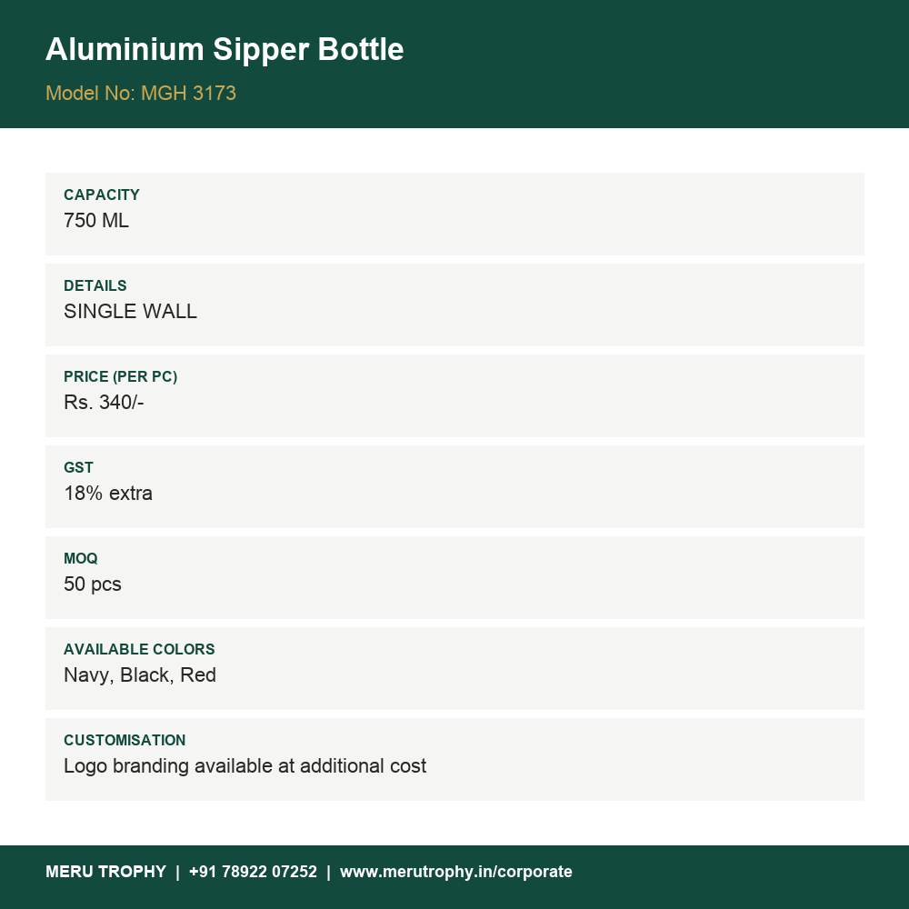 Aluminium Sipper Bottle - spec card - Meru Trophy corporate gifting