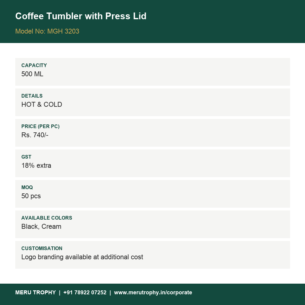 Coffee Tumbler with Press Lid - product details card - Meru Trophy corporate gifting