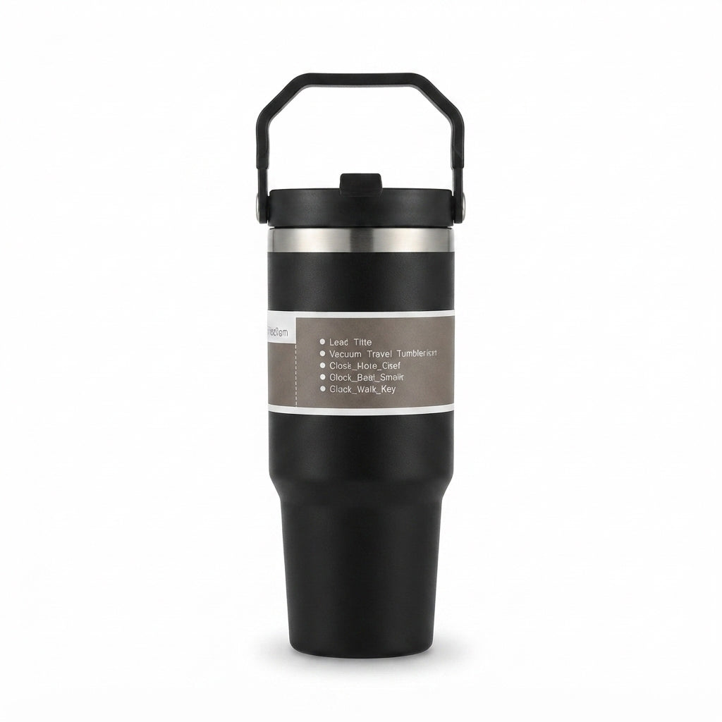 Vacuum Travel Tumbler with Carry Handle - Black - Meru Trophy corporate gifting