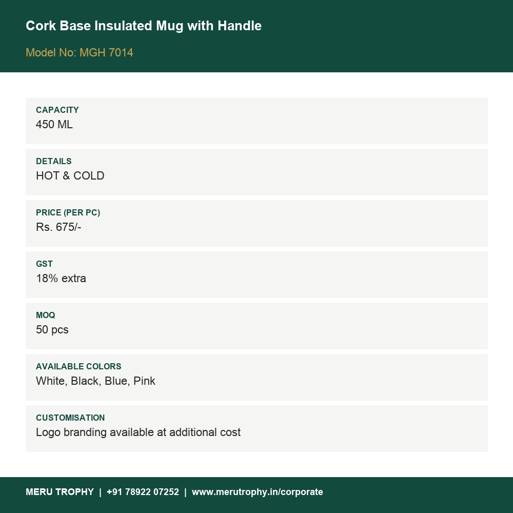 Cork Base Insulated Mug with Handle - details - Meru Trophy corporate gifting