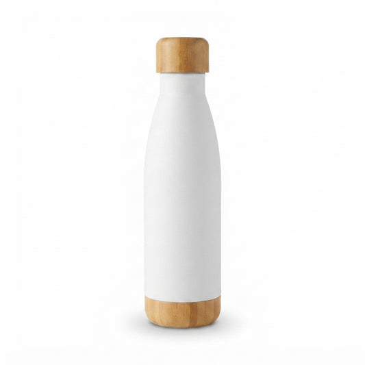 Cola-Shaped Bottle with Bamboo Cap and Base - White - Meru Trophy corporate gifting