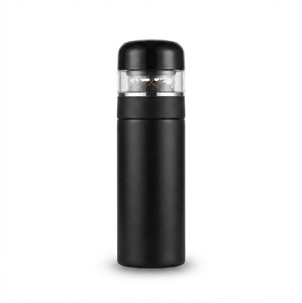Vacuum Flask with Tea Infuser Lid - Black - Meru Trophy corporate gifting