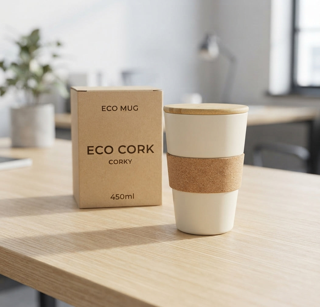 Eco Cork Band Mug with Bamboo Lid - lifestyle desk shot - Meru Trophy corporate gifting