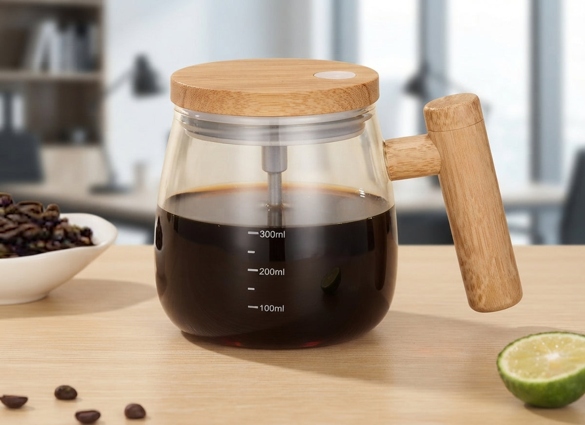 Self Stirring Glass Mug with Wooden Handle - lifestyle desk shot - Meru Trophy corporate gifting