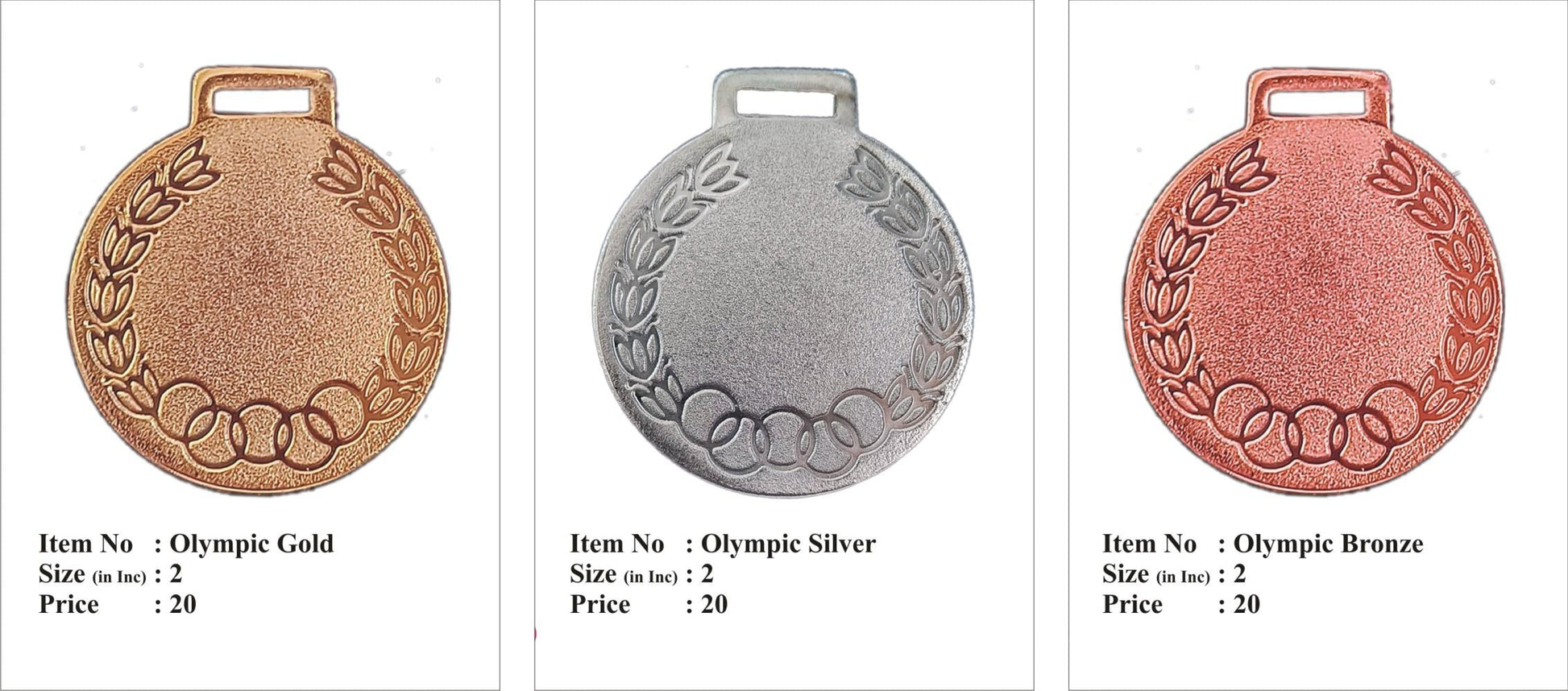 Gold; silver; and bronze Olympic-style medals for awards and recognition.